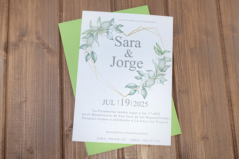 Invitación Boda Corazón eucalipto