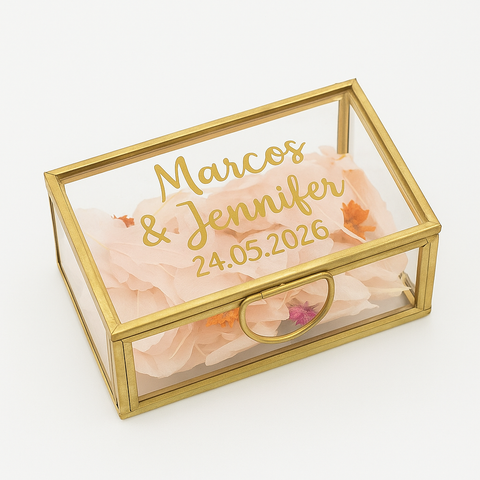 Caja Porta Alianzas Personalizada de Cristal y Metal Dorado