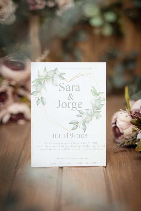 Invitación Boda Corazón eucalipto