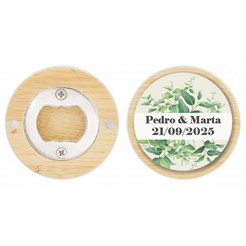 Abridor de botellas imantado de bambú con pegatina personalizada eucalipto para regalo invitados