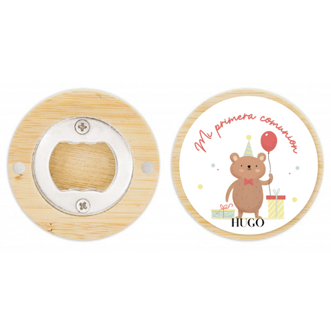 Abridor de botellas imantado de bambú con pegatina personalizada infantil osito para regalo
