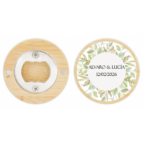 Abridor de botellas imantado de bambú con pegatina personalizada natural para regalo invitados