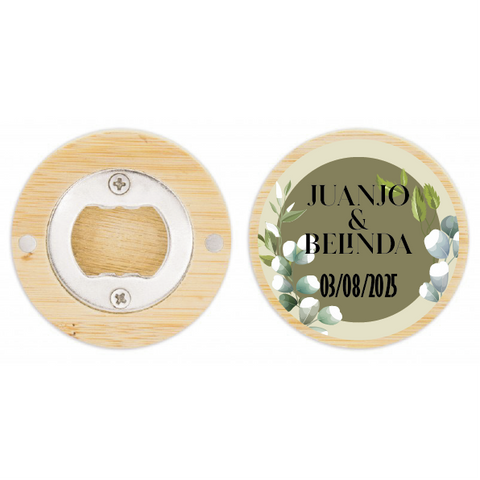 Abridor de botellas imantado de bambú con pegatina personalizada verde oliva para regalo